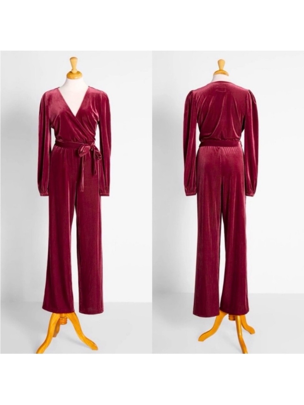 ModCloth Velvet Persuasion Long Sleeve Wide Leg Belted Jumpsuit Raspberry Pink